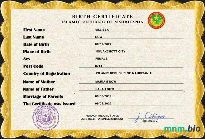 Mauritania narodziny certyfikat PSD szablon